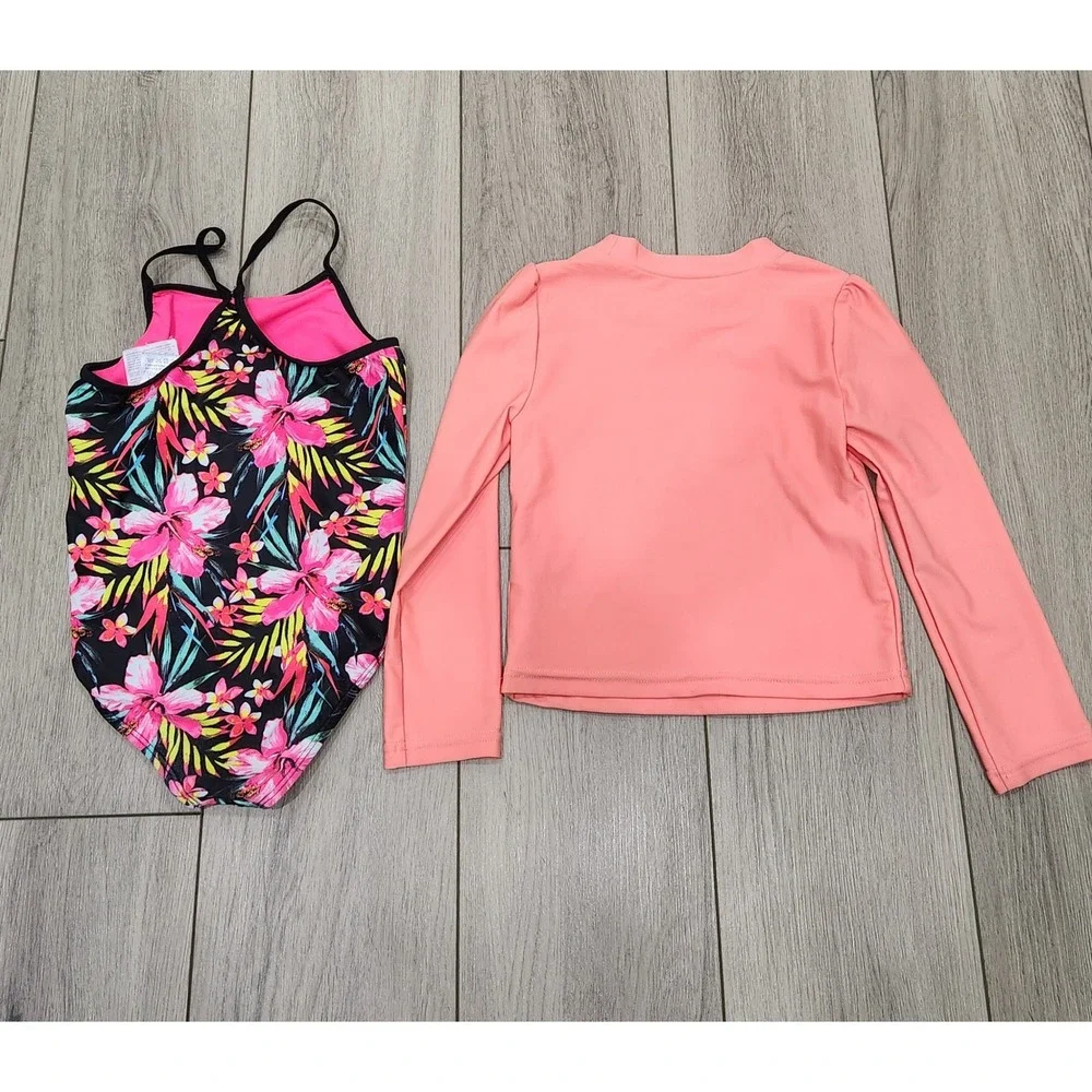 Hurley Girls Swimsuit 5/6 Tropical Floral One Piece & Carter's Rash Guard Top 5T